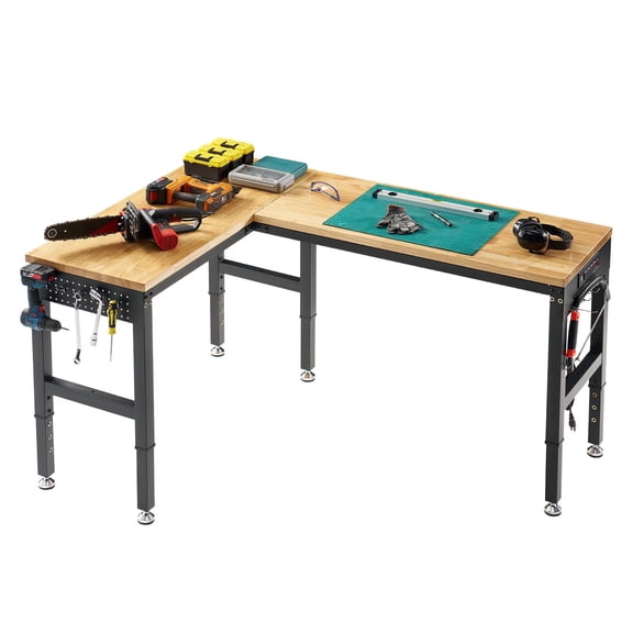LUXOAK 68"x48" L-Shaped Workbench with Power Strip, Adjustable Height Heavy Duty Work Table with Pegboard, 6000Lbs Load Capacity, for Garage