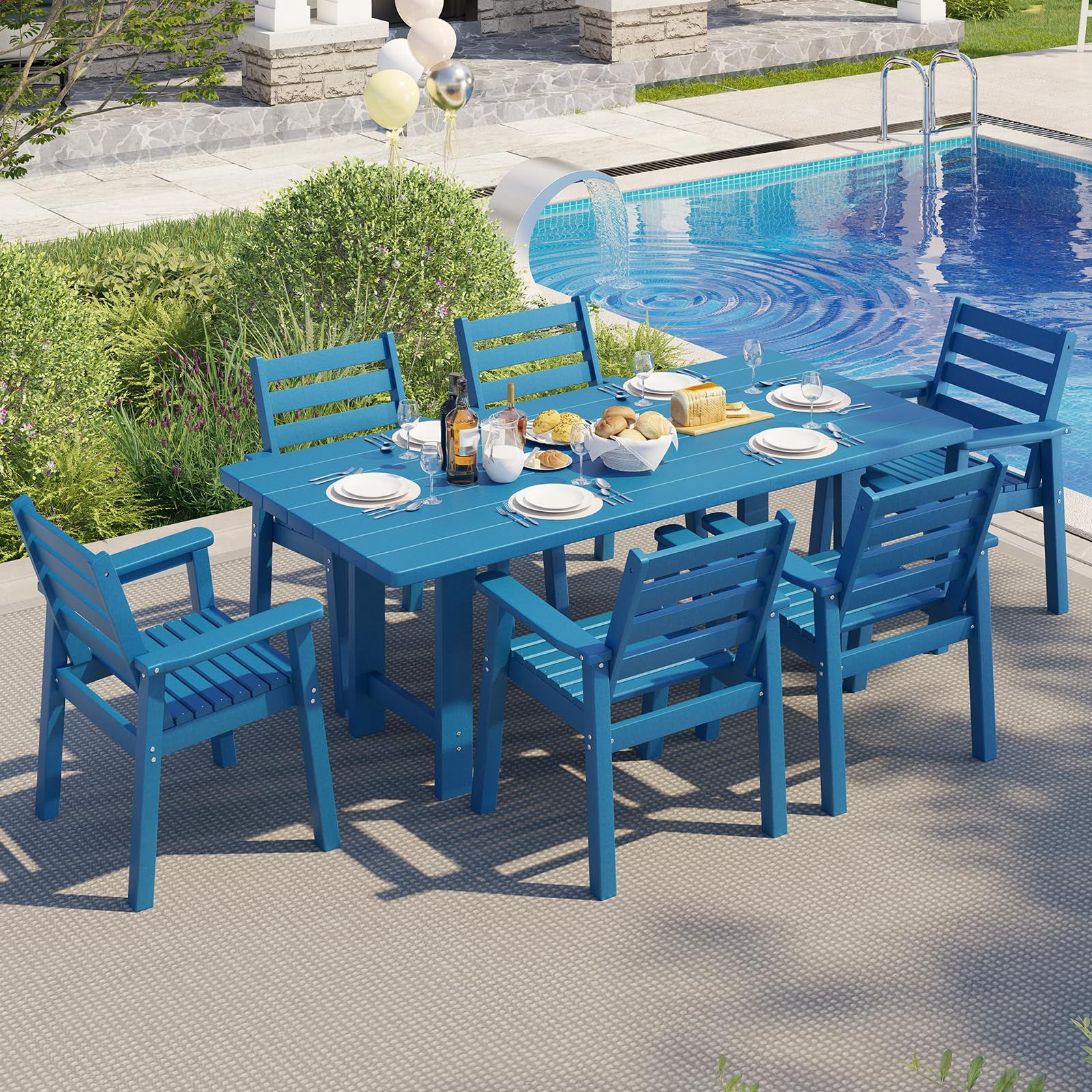 LUXOAK 7 Piece HDPE Outdoor Dining Set, 71" Table with 6 Chairs, Patio Furniture, Blue