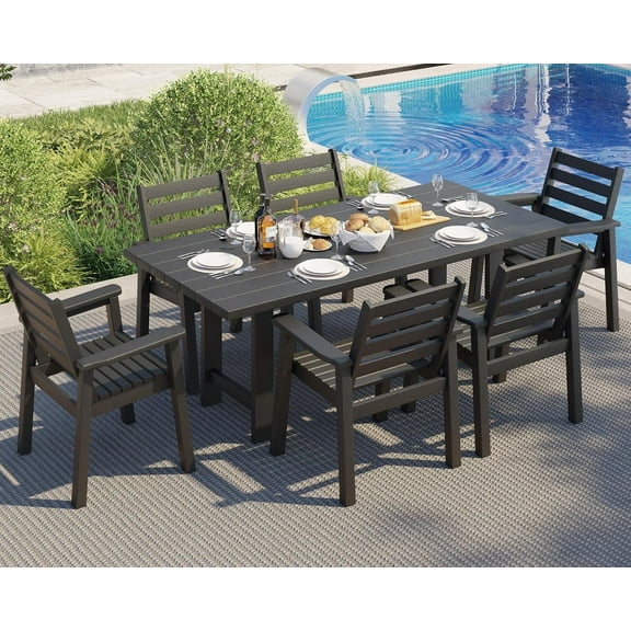 LUXOAK 7 Piece HDPE Outdoor Dining Set, 71" Table with 6 Chairs, Patio Furniture, Black