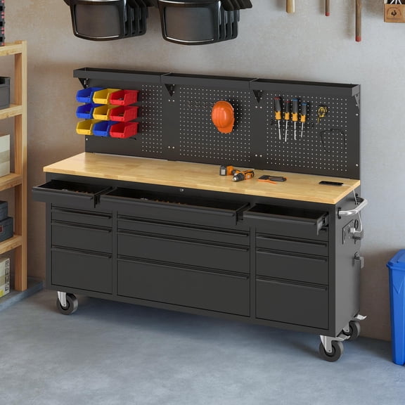 LUXOAK 72" Rolling Tool Chest with 15 Drawers, Tool Chest with Wheels–3000 lbs Capacity, Power Outlets, for Garage, Workshop & Home Use, Black