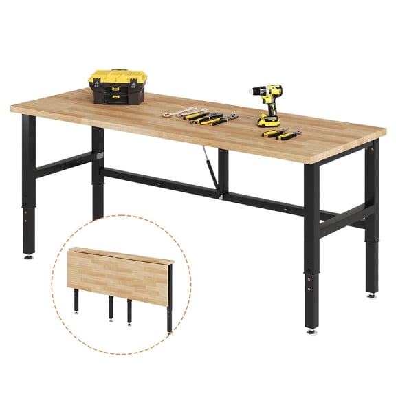 LUXOAK 72x24 Folding Workbench, Adjustable Foldable Workbench with 2000 lbs Capacity, 30.7"-40" Height, Rubber Wood Top for Garage, Workshop
