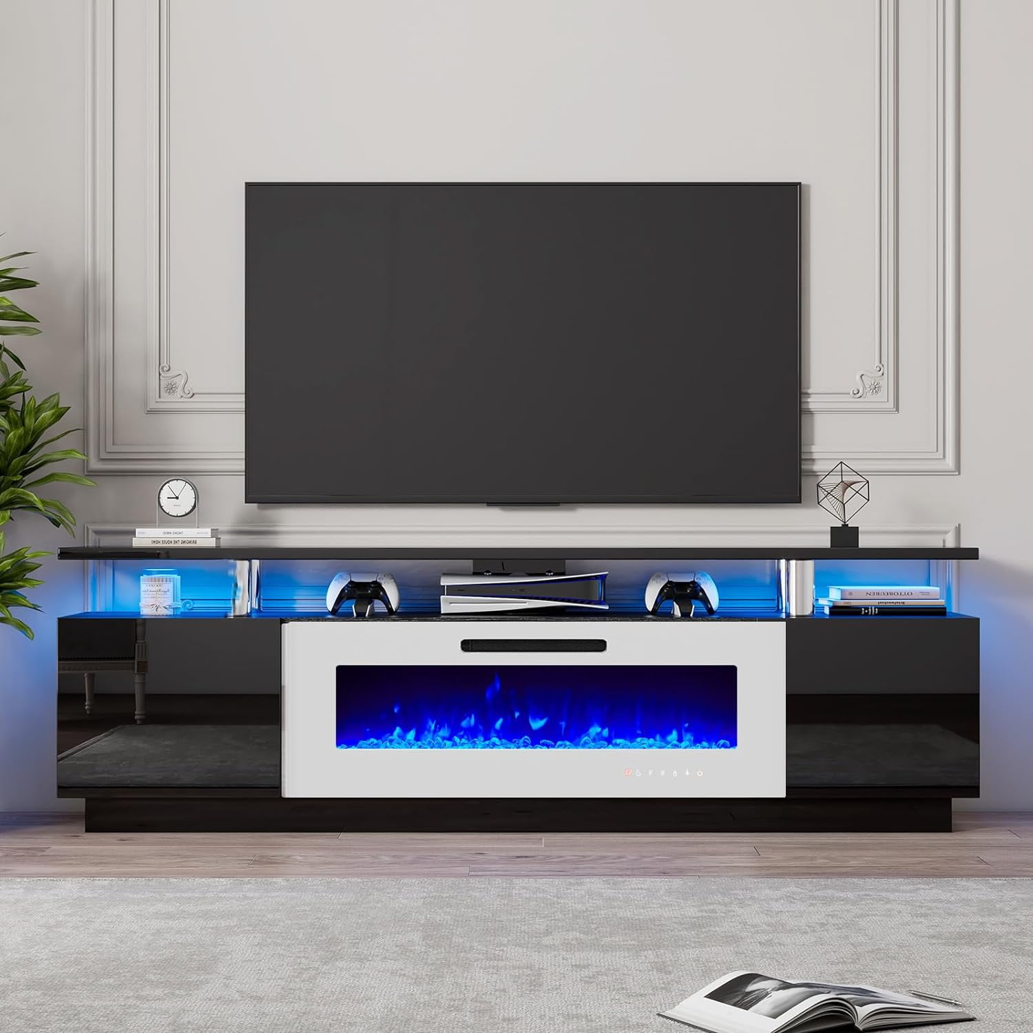 LUXOAK 80" Fireplace TV Stand, Modern High Gloss Finish Media Console ...