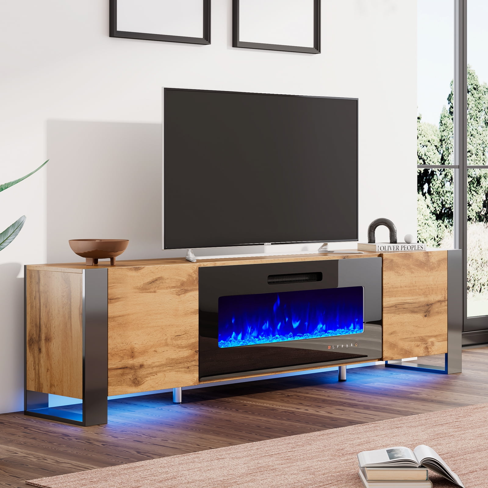 "LUXOAK 80"" Fireplace TV Stand, 40"" Electric Fireplace, for TVs up to ...