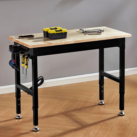LUXOAK Adjustable Workbench with Power Outlets, 2000 lbs Capacity Rubber Wood Top for Garage, Office, Studio