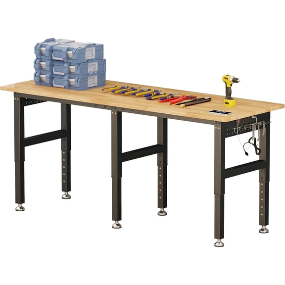 LUXOAK Adjustable Workbench with Power Outlets, 5000 lbs Capacity Rubber Wood Top, Heavy Duty Work Bench for Garage, Home, Workshop