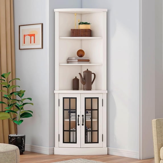 LUXOAK Curved Corner Cabinet, 65" Wood Bookcase with 3 Shelves, Distressed White