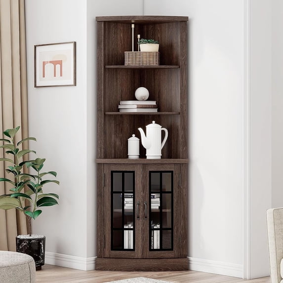 LUXOAK Curved Corner Storage Cabinet, 65" Bookcase with Doors, Espresso