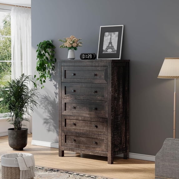 LUXOAK Farmhouse 5 Drawers Dresser with Metal Handles, Rustic Chest of Drawers, Black Oak