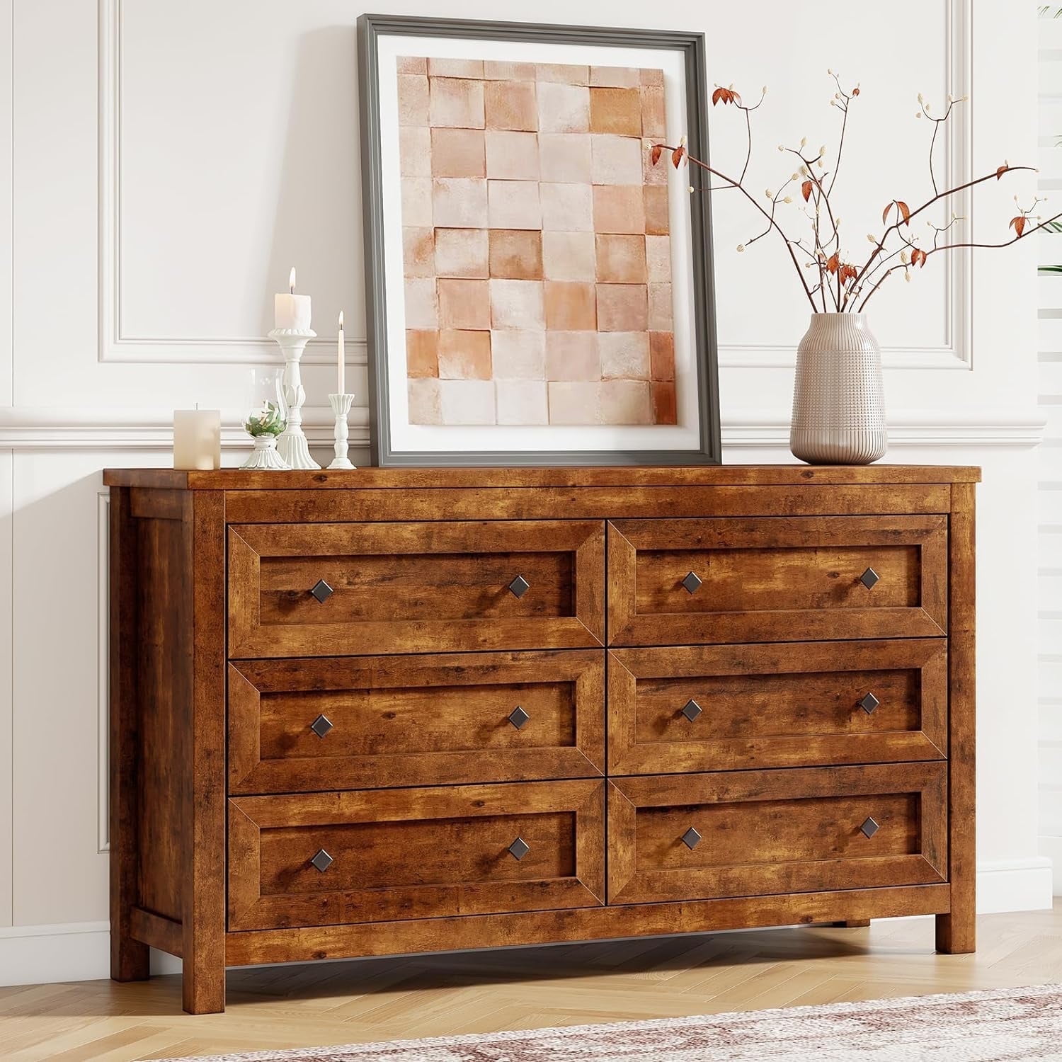 Merluxy Farmhouse 6 Drawers Dresser Wood Rustic Chest of Drawers for Bedroom Adult Rustic Brown