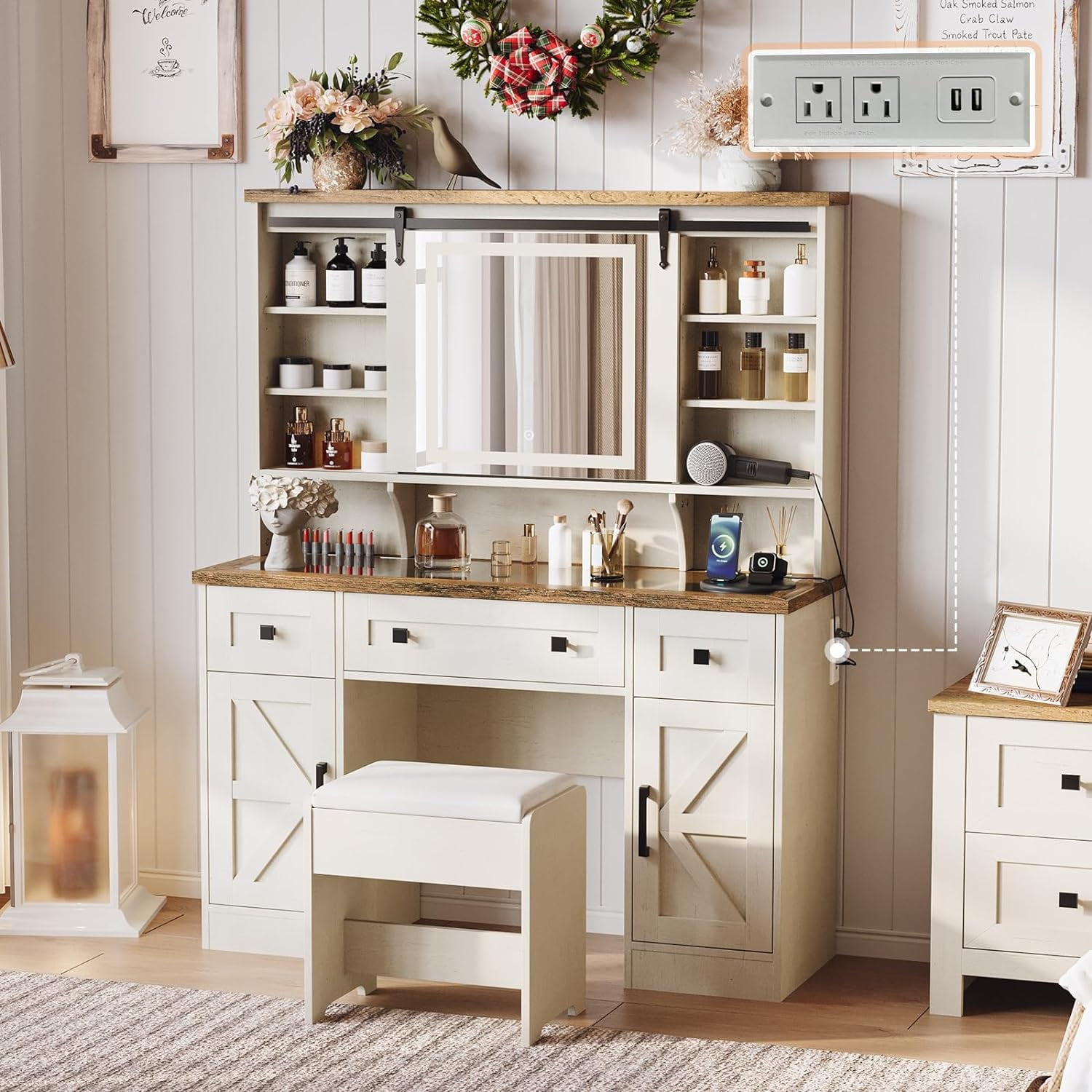 LUXOAK Farmhouse Makeup Vanity Desk with Sliding Mirror & Lights, 47