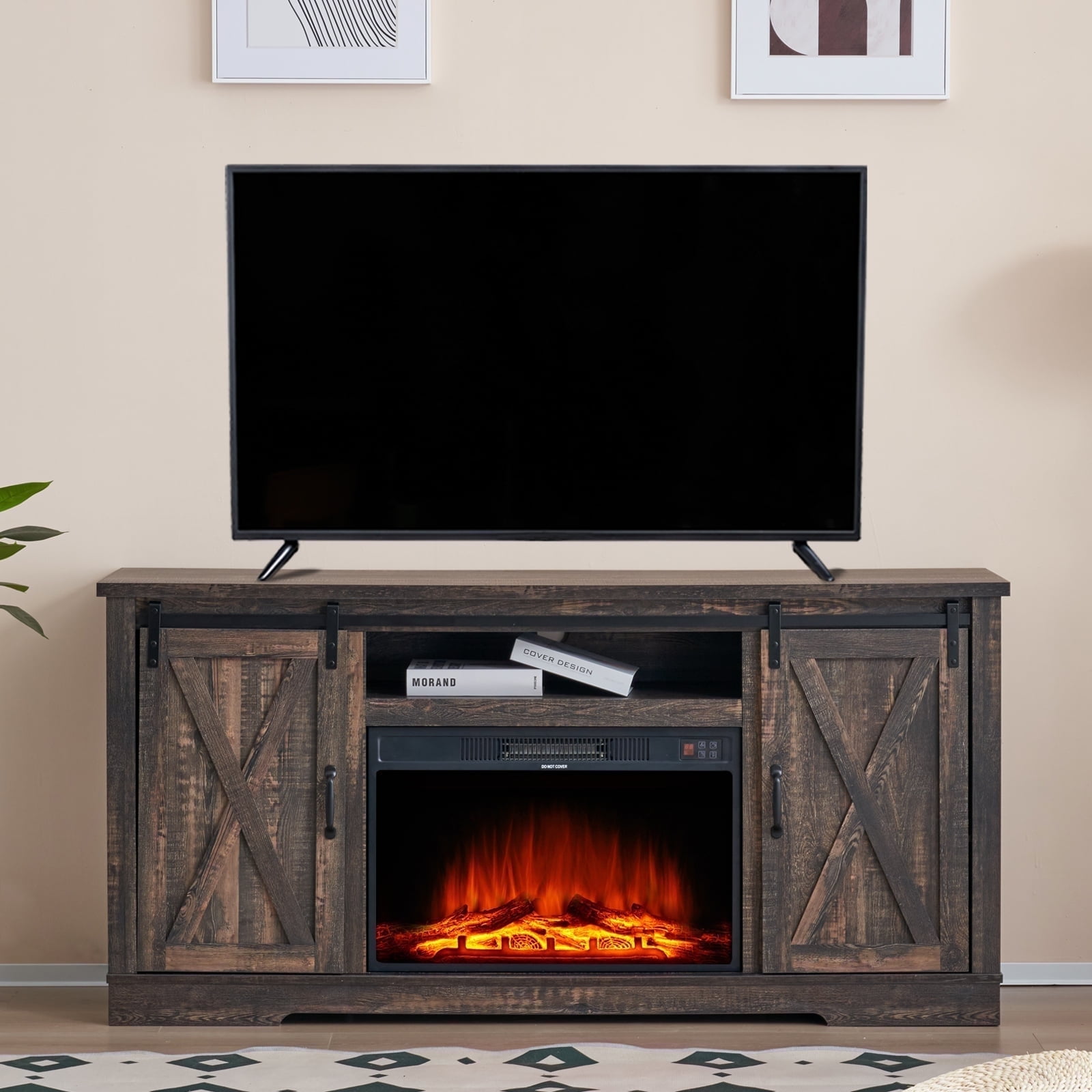 LUXOAK Fireplace TV Stand with Sliding Barn Door, Entertainment Center for TVs up to 73", Dark Oak