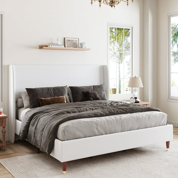 LUXOAK Full Bed Frame with 51.2" Wingback Headboard,Linen Upholstered,No Box Spring Needed,White