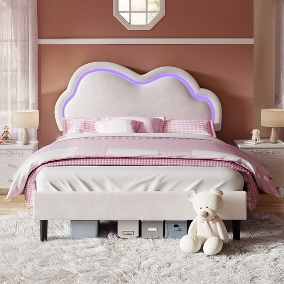 LUXOAK Full Bed Frame with LED Light,Adjustable Cloud Headboard,No Box Spring Needed,Cream