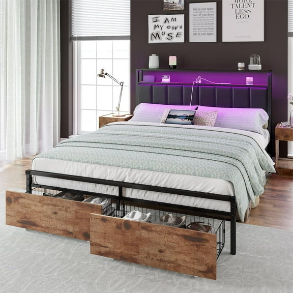 LUXOAK Full Platform Bed Frame with LED Lights, Storage Headboard and Leather Upholstery, Brown