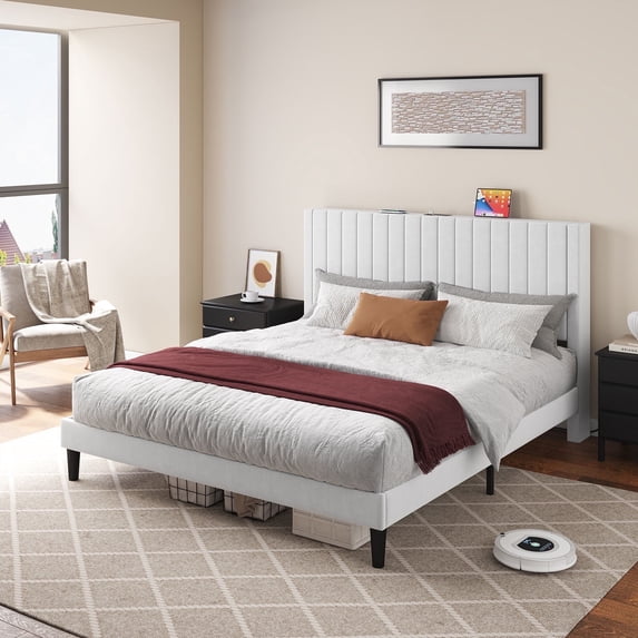 LUXOAK Full Size Bed Frame, Noise Free Upholstered Bed with Wood Support, White