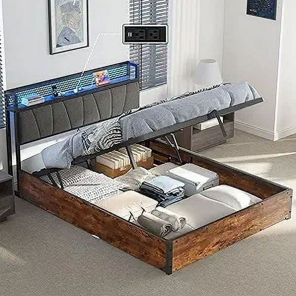 LUXOAK Full Size Bed Frame with LED Platform, Lift Up Storage and Linen Headboard, Rustic Brown