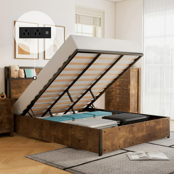 LUXOAK Full Size Bed Frame with Lift Up Storage Platform and Charging Station, Rustic Brown