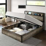 LUXOAK Full Size Bed Frame with Lift up Storage Platform and Charging Station, Rustic Grey