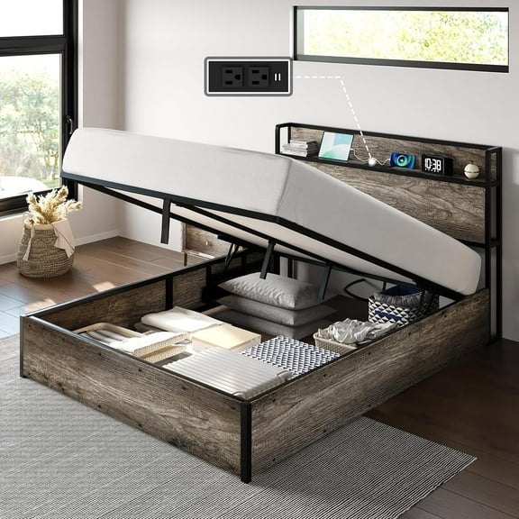 LUXOAK Full Size Bed Frame with Lift up Storage Platform and Charging Station, Rustic Grey