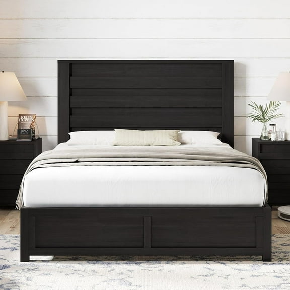 LUXOAK Full Size Bed Frame with Natural Wood Platform, 49" Fluted Headboard, Black