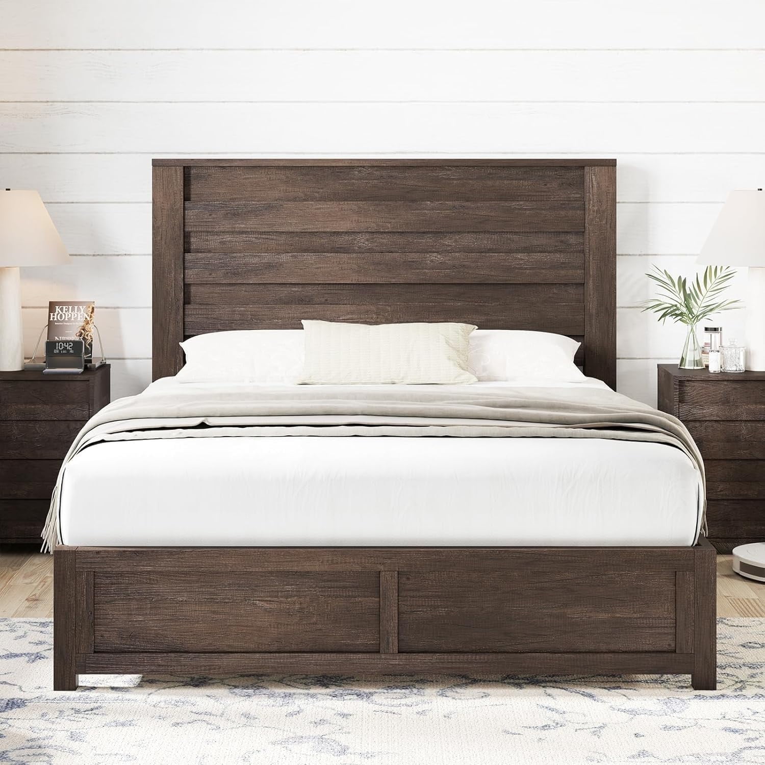 LUXOAK Full Size Bed Frame with Natural Wood Platform, 49" Fluted Headboard, Grey