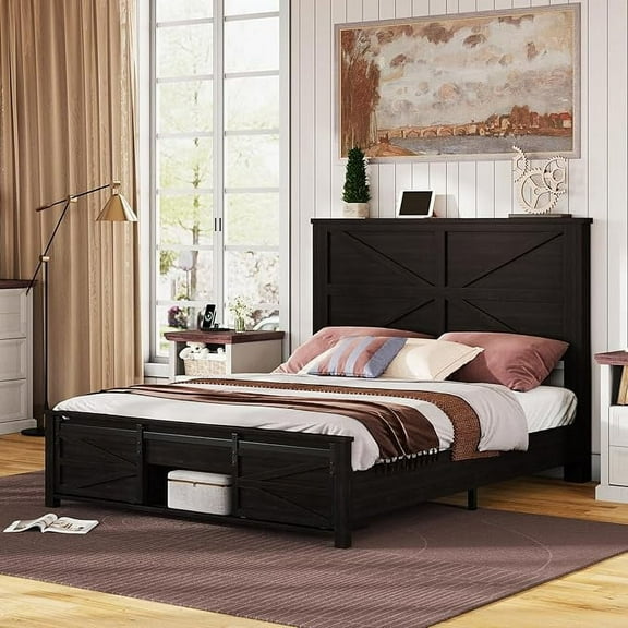 LUXOAK Full Size Farmhouse Wood Bed Frame, No Squeak Design, Wood Slat Support, No Box Spring, Black