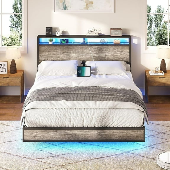 LUXOAK Full Size Floating Bed Frame with Metal Platform, Charging Station and Storage, Rustic Grey