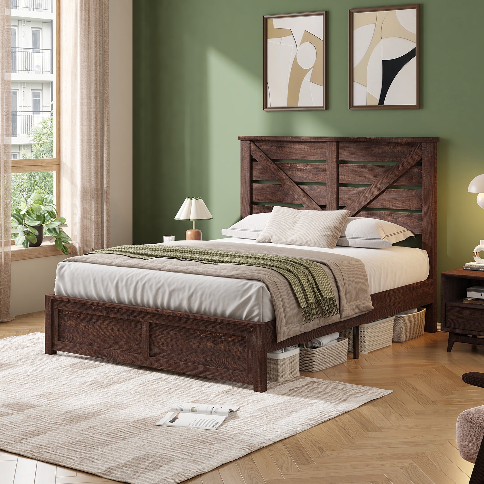 LUXOAK Full Size Platform Bed Frame with Wood Grain Headboard