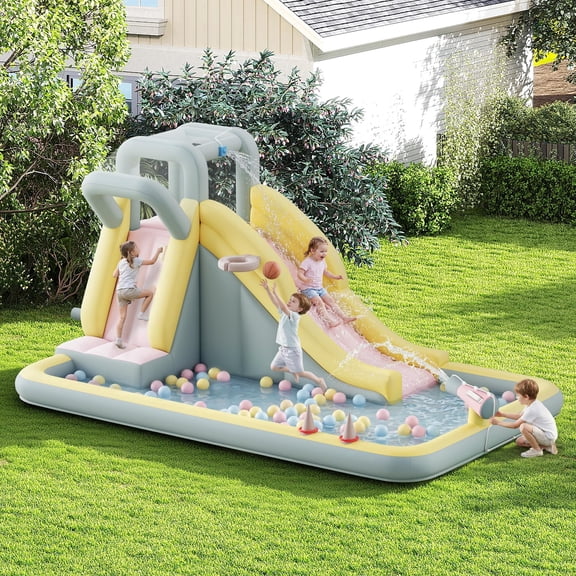 LUXOAK Inflatable Bounce House, Water Slide with Jumping Area, Climbing Wall, Splash Pool and Water Gun for Beach, Air Blower Included, 154x106x75 in