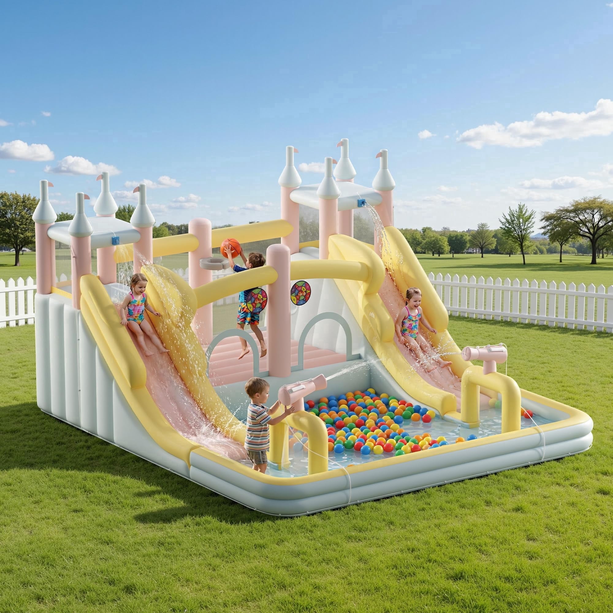 LUXOAK Inflatable Bounce House, Water Slide with Jumping Area, Climbing Wall, Splash Pool and Water Gun, Pastel Color for Beach, 177x163x94 inch