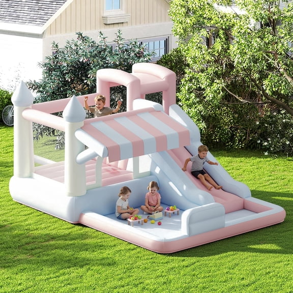 LUXOAK Inflatable Bounce House, Water Slide with Jumping Area, Climbing Wall and Splash Pool, Air Blower Include, Pastel Color for Beach, 121x93x69 in