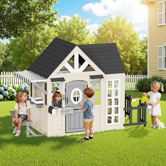 LUXOAK Kids Outdoor Wooden Playhouse with Kitchen Set, Mailbox & Doorbell, Durable Wood Construction for 3–8 Years Old Boys & Girls