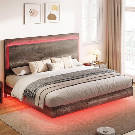 LUXOAK King Bed Frame with Floating Farmhouse Style, LED Light and Recline Headboard, Washed Grey