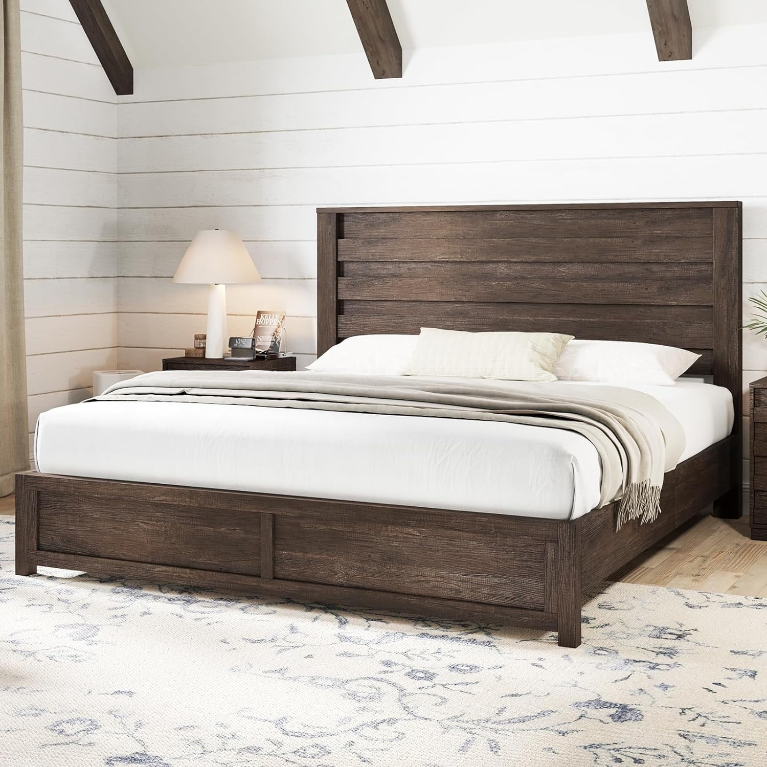 LUXOAK King Size Bed Frame with Natural Wood Platform, 49" Fluted Headboard, Grey