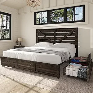 LUXOAK King Size Farmhouse Bed Frame with Metal Slats & Easy Assembly, 4 Drawers, Black