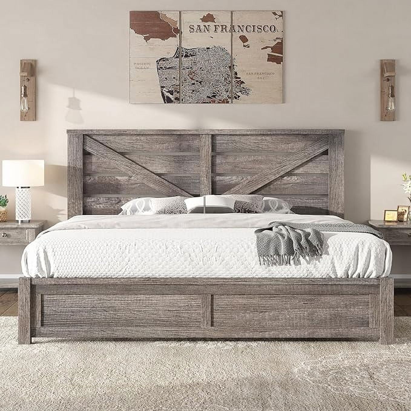 LUXOAK King Size Farmhouse Bed Frame with Rustic Barn Door, Storage Space and Wood Slats, Grey