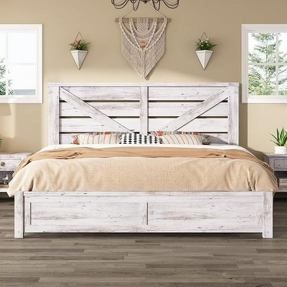 LUXOAK King Size Farmhouse Bed Frame with Rustic Barn Door, Storage Space and Wood Slats, White