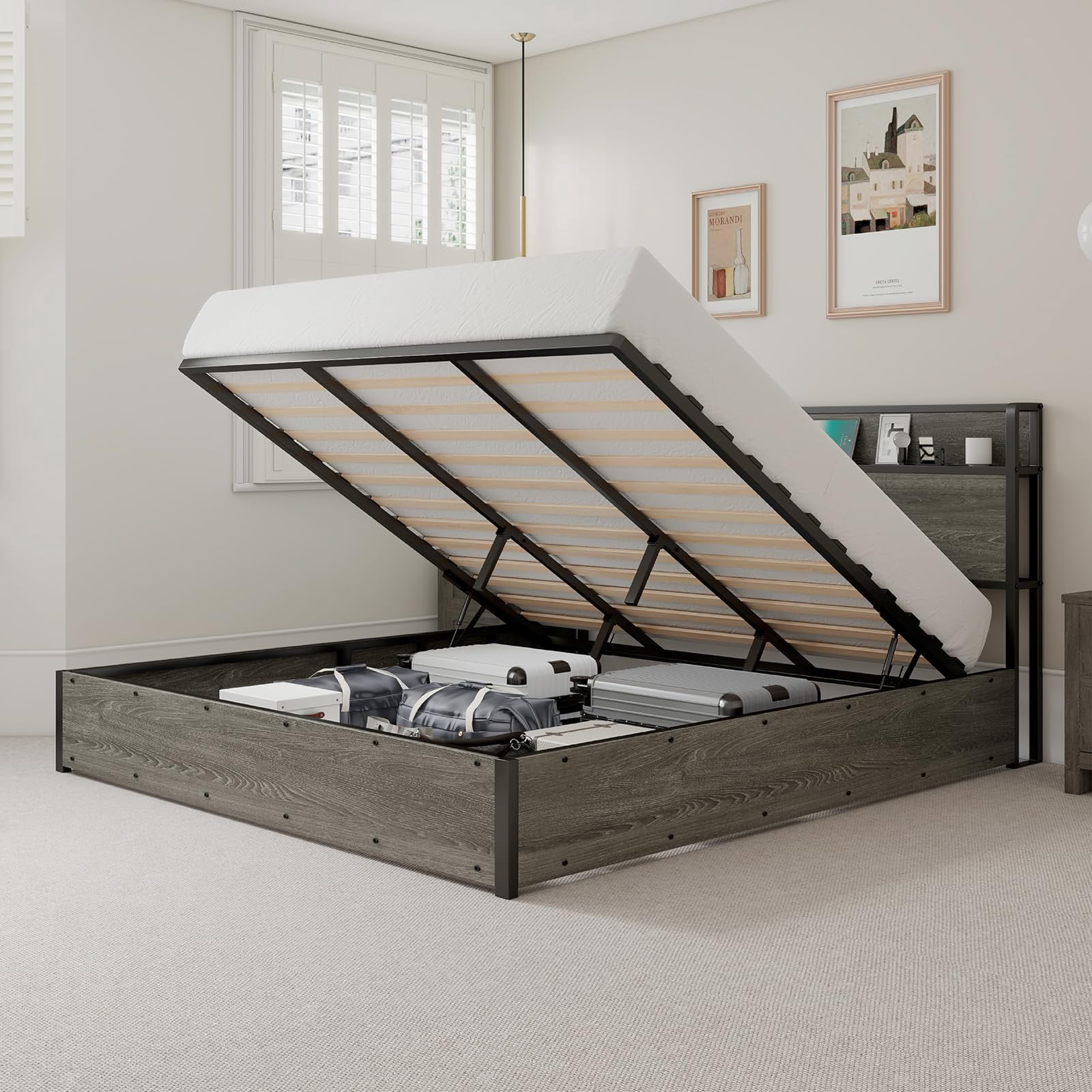 LUXOAK King Size Lift Up Storage Bed, Storage Headboard & Charging ...
