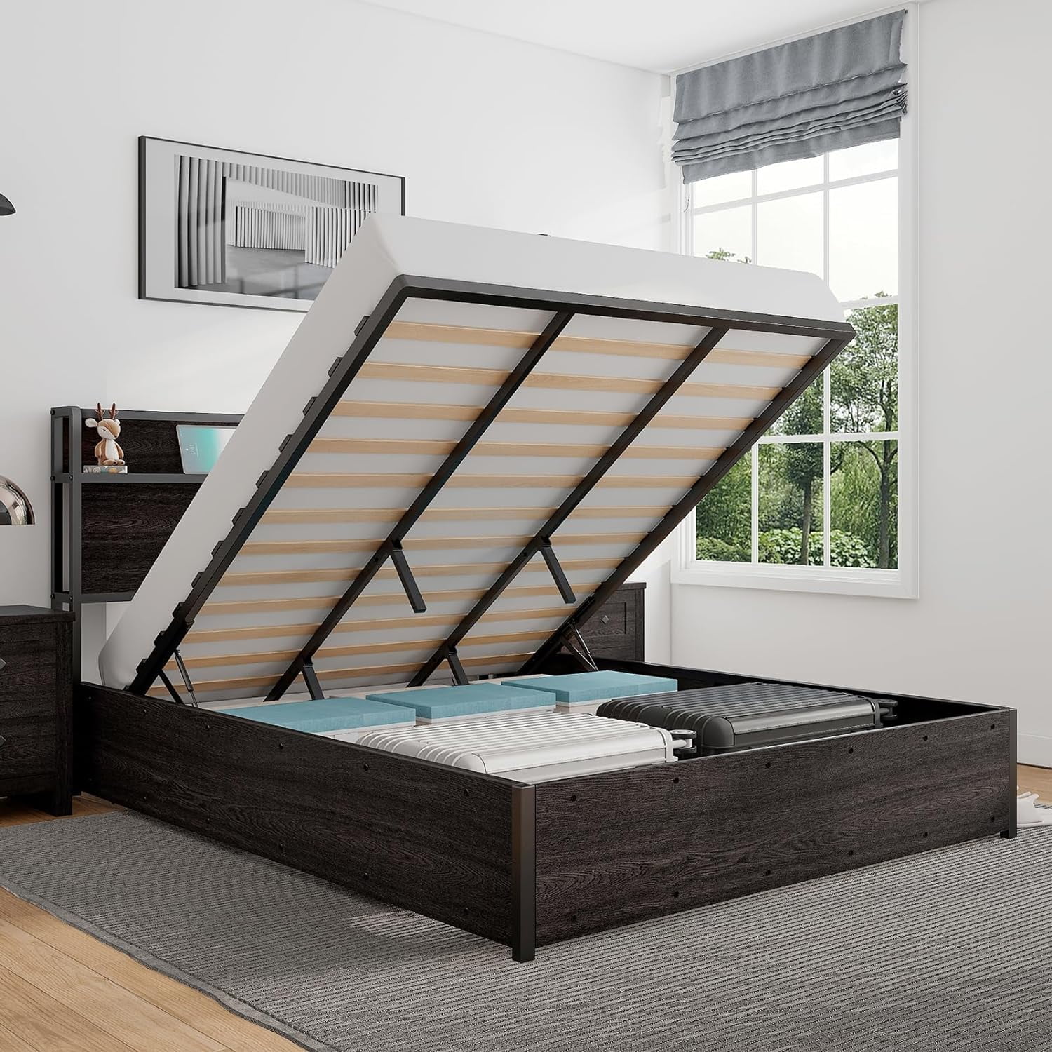 LUXOAK King Size Lift Up Storage Bed, Wood Platform Bed Frame with