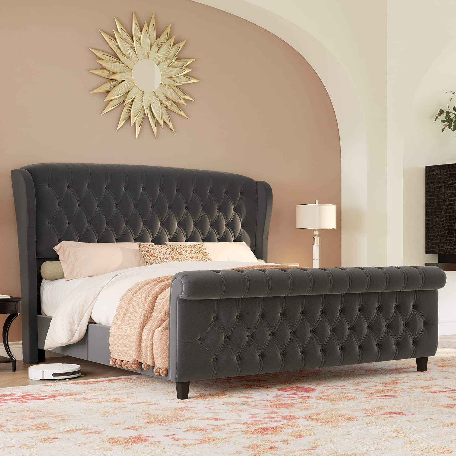 LUXOAK King Size Platform Bed Frame, Velvet Upholstered Sleigh Bed with Curved Headboard