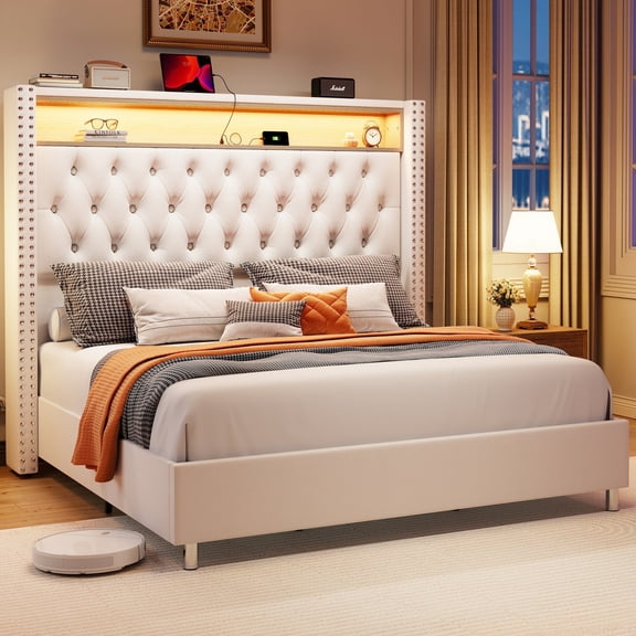 LUXOAK LED Queen Bed Frame,Charging Station and Storage Upholstered Headboard/Velvet/Cream