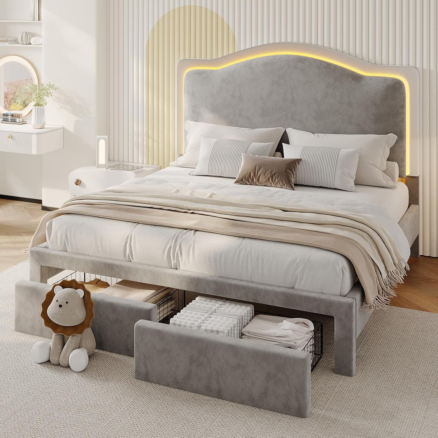 Gray Velvet Twin Upholstered Bed with LED Headboard and Storage Drawer