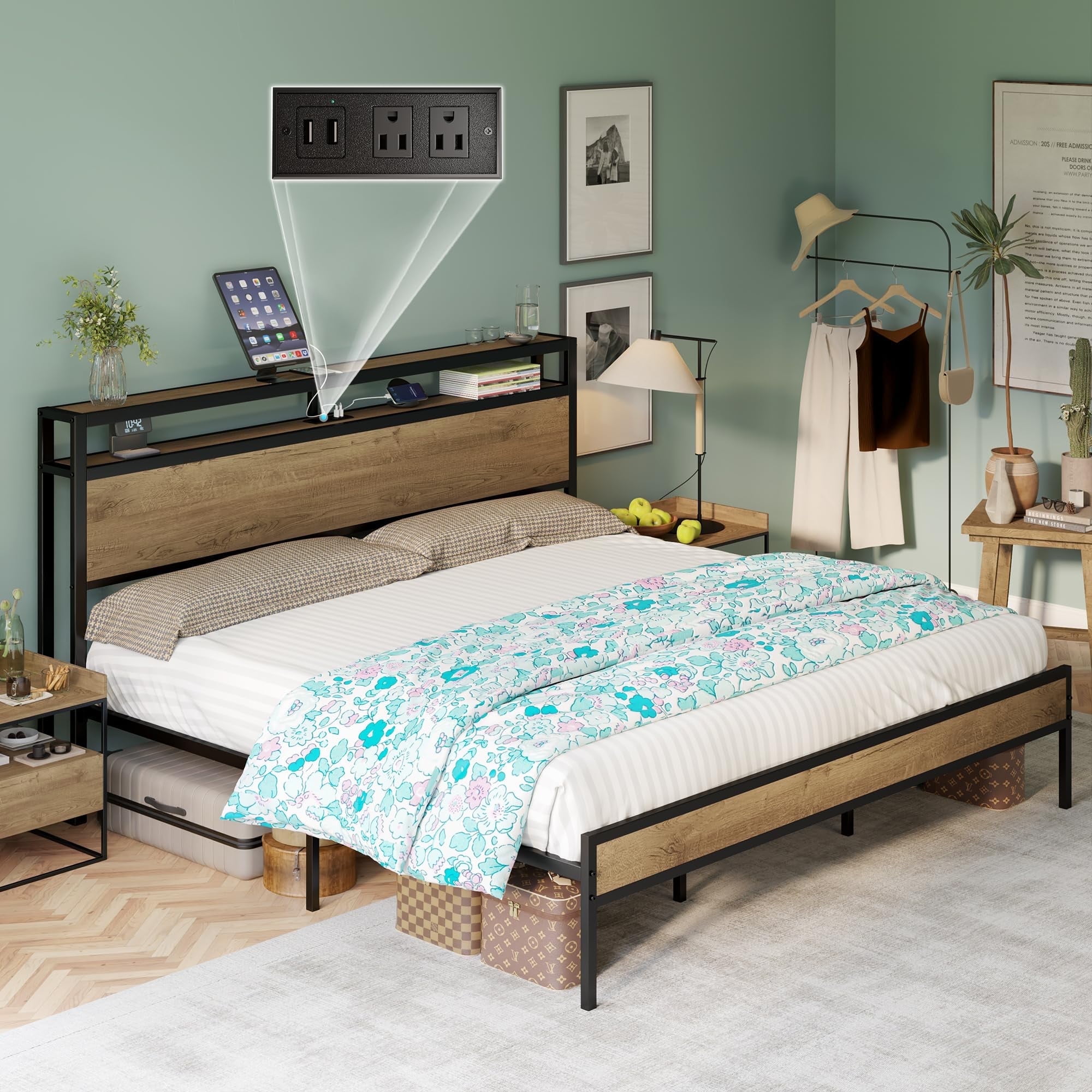 Light Brown King Size Bed Frame with 2-Tier Storage Headboard and Charging Station