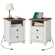 LUXOAK Nightstand Set of 2 with Charging Station, Farmhouse End Table, USB Ports, Antique White