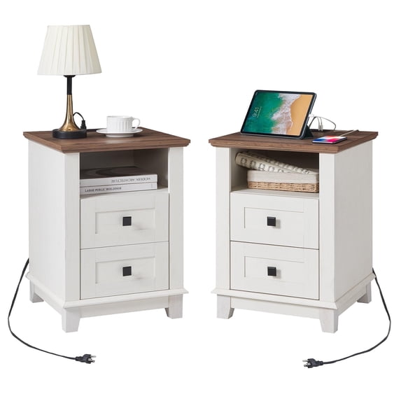 LUXOAK Nightstand Set of 2 with Charging Station, Farmhouse End Table, USB Ports, Antique White