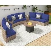 LUXOAK Patio Furniture Sets, 11 Piece Half-Moon Sectional Round Sofa Set, Outdoor Patio Furniture with Cushions & Wedge Table for Beach, Pool, Balcony, Blue…