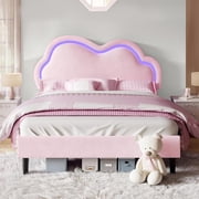 LUXOAK Queen Bed Frame with LED Light,Adjustable Cloud Headboard,No Box Spring Needed,Pink