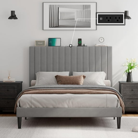 VanAcc Queen Size Bed Frame Velvet Upholstered Tufted Headboard with Charging Station, Light Gray