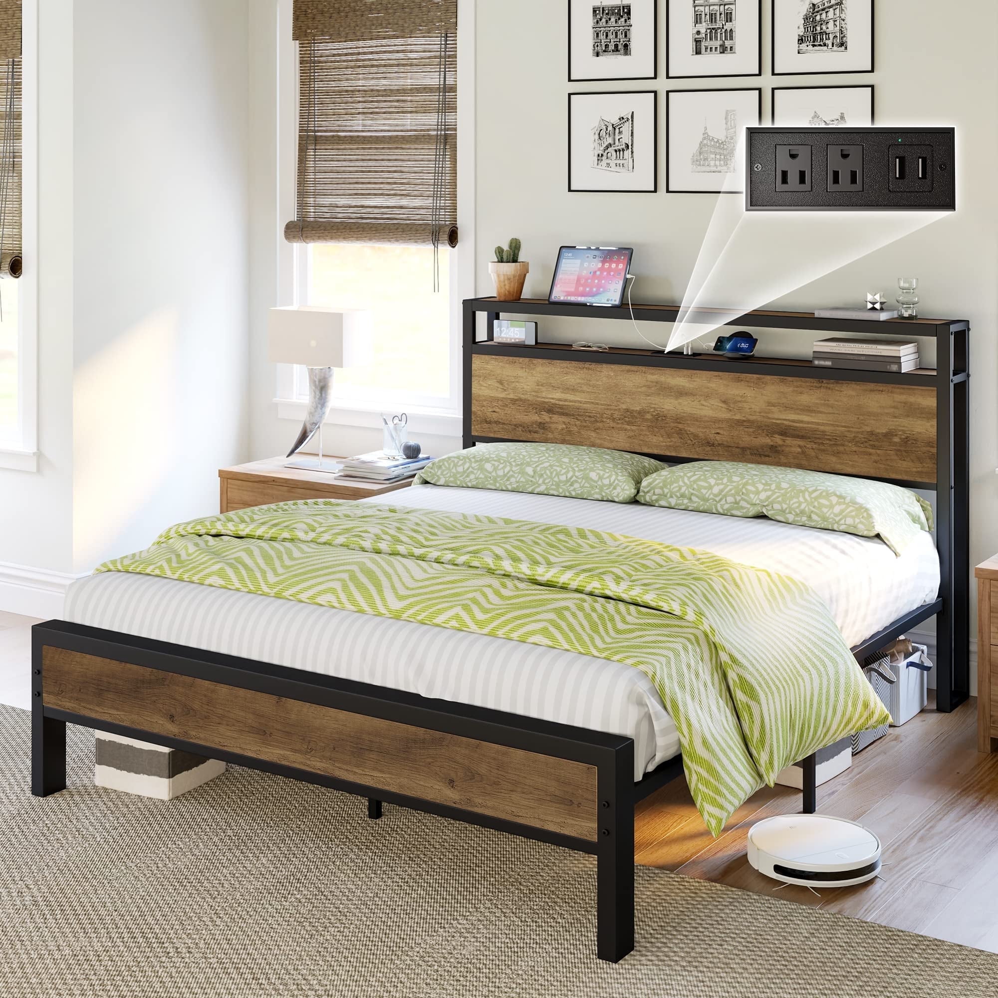 Queen Light Brown Wood and Metal Bed Frame with Storage Headboard and Charging Station