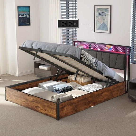 LUXOAK Queen Size Bed Frame with LED Platform, Lift Up Storage and Linen Headboard, Rustic Brown